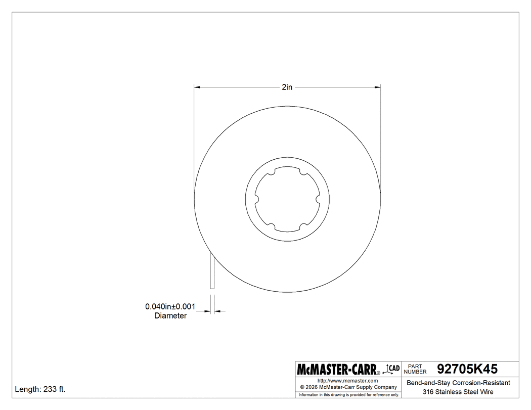 Technical Drawing of Bend-and-Stay Corrosion-Resistant 316 Stainless Steel Wire, 1 lbs. Spool, Matte, 0.04" Diameter.